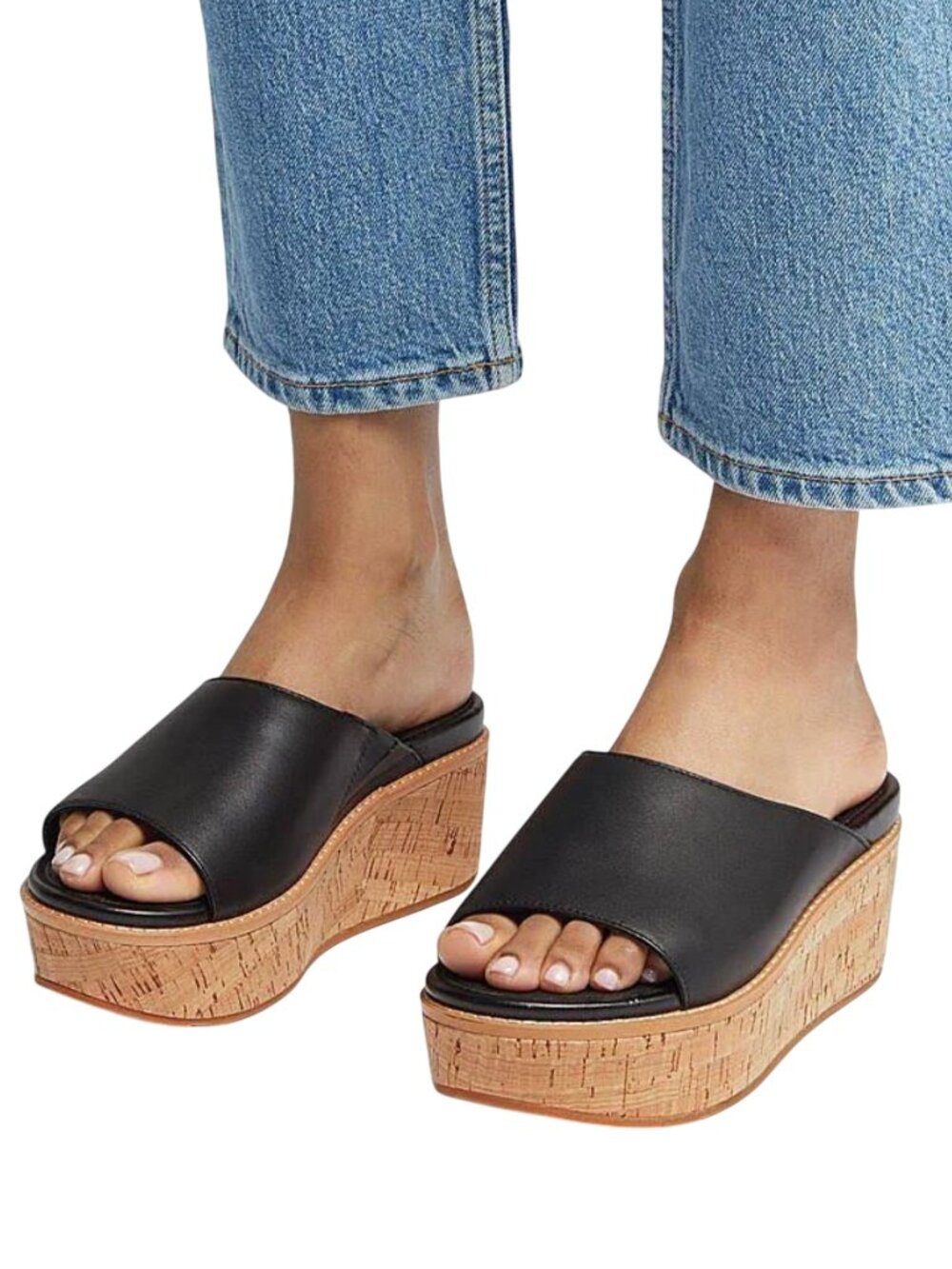 FitFlop Eloise Cork Wrap Leather Wedge Sandals black size 10 flatform slides